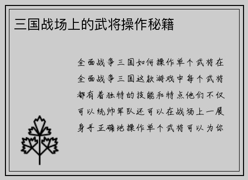 三国战场上的武将操作秘籍